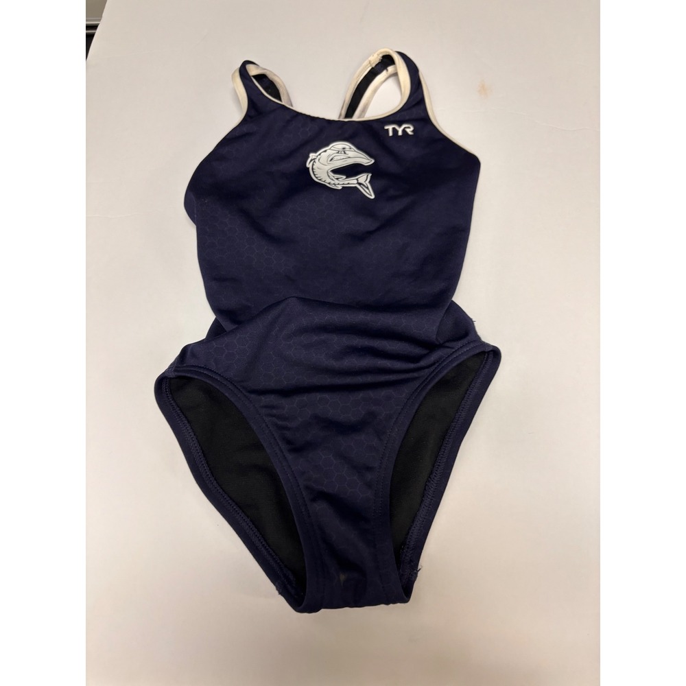 TYR Girls Navy Blue Honeycomb One Piece Competitive Swimsuit Size 22 CL001UF